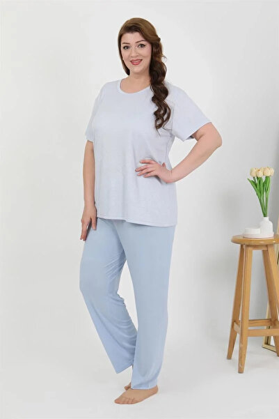 alfa expres Fashion Women's Plus Size Short Sleeve Combed Cotton Pajama Set Blue