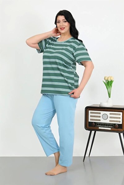 alfa expres Fashion Women's Plus Size Short Sleeve Combed Cotton Pajama Set Petrol