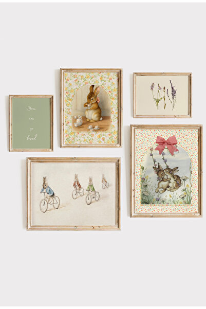 Kids Sevimli Ördek ve Tavşan Vintage Poster Set 5'li Çerçeveli