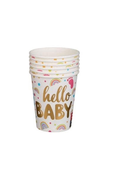 SHOPIENS Set 6 Bucati Pahare Carton Petrecere Baby Shower Hello Baby Alb Auri...