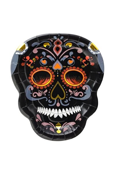 SHOPIENS Σετ 6 Farfurii Craniu Colorat Halloween din χαρτοκιβώτιο, Ø23cm, σχέ...