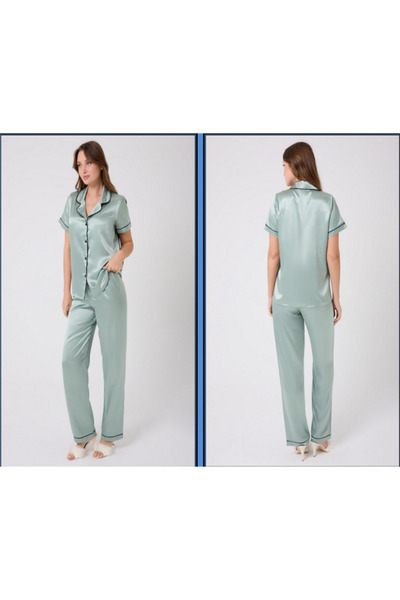 MİSS AYZA İÇTEN GELEN ŞIKLIK MissAyza V.S 2110 MODEL SET DE PIJAMALE SATIN CU MANE SCURTĂ ȘI LUNGĂ CU BĂRĂ