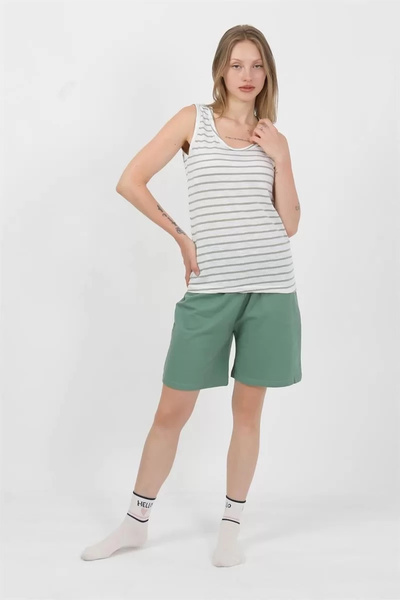 Akbeniz Fashion Women's Thick Strap Cotton Combed Shorts Suit Green