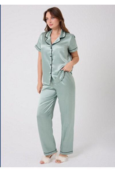 MİSS AYZA İÇTEN GELEN ŞIKLIK MissAyza V.S 2110 MODEL SET DE PIJAMALE SATIN CU MANE SCURTĂ ȘI LUNGĂ CU BĂRĂ