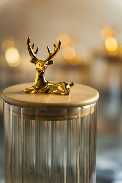 clasavm 3-Piece Transparent Glass Jar with Bamboo Lid and Deer Figure |   Transparent Glass Storage Container - Glass 3 Size Jars