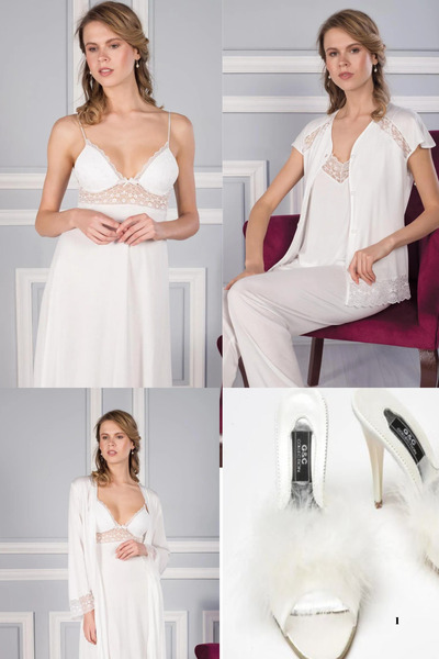 Mavelle Women's Ecru 6-Piece Bridal Dowry Set Nightgown&Bathrobe&Pajama Set&Shorts Set with Slippers and Gift