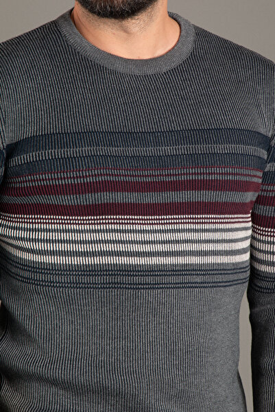 ZEKİ ÖZER Men's Anthracite Striped Ribbed O-Neck Knitwear