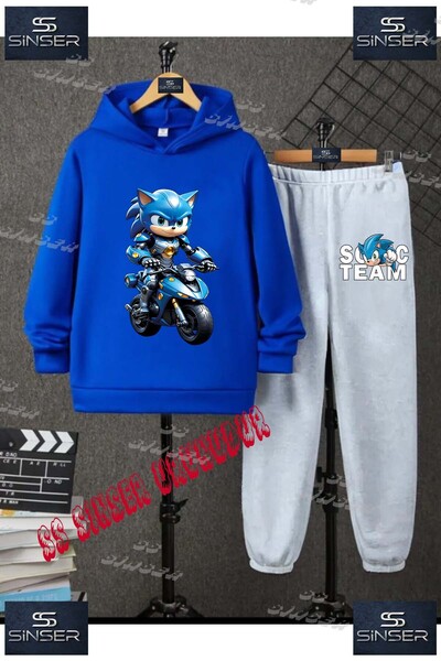 SS SİNSER Çocuk Unısex "SONIC MOTORA BINEN" Özel Baskılı Kapşolu Eşofman Takımı