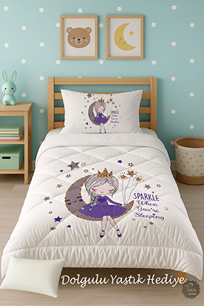 Talia Home Girl Sitting on the Moon Patterned Single Children's Quilt Sleeping Set Tlag-209