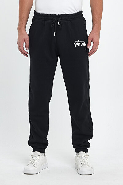 THE RULE Stüssy Printed Regular Winter 3 Thread Ribbed Black Jogger Sweatpants with Elastic Waist and Cuffs
