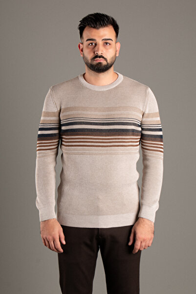 ZEKİ ÖZER ERKEK BEJ ÇİZGİLİ FİTİLLİ O YAKA TRİKO
