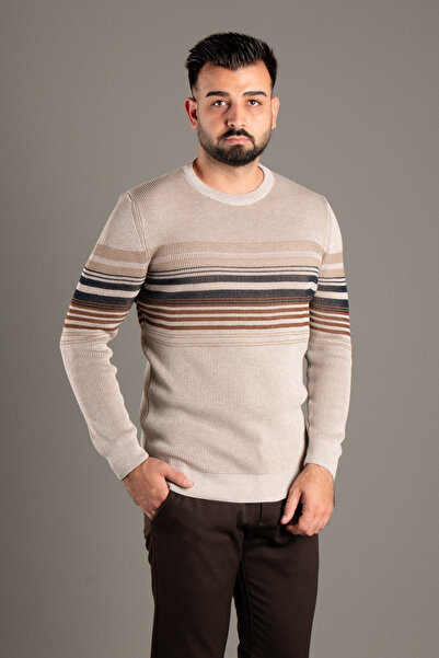 ZEKİ ÖZER ERKEK BEJ ÇİZGİLİ FİTİLLİ O YAKA TRİKO