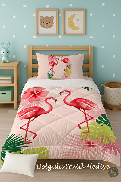 Talia Home Flamingo Patterned Single Children's Quilt Sleeping Set Tlag-251
