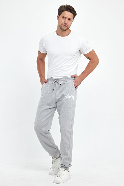 THE RULE Γκρι φούτερ Jogger με ελαστική μέση και πόδια, με στάμπα Stüssy, κανονικό χειμερινό, 3 κλωστές