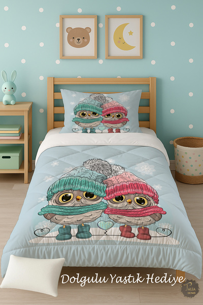 Talia Home Owl Patterned Single Children's Quilt Sleeping Set Tlag-236