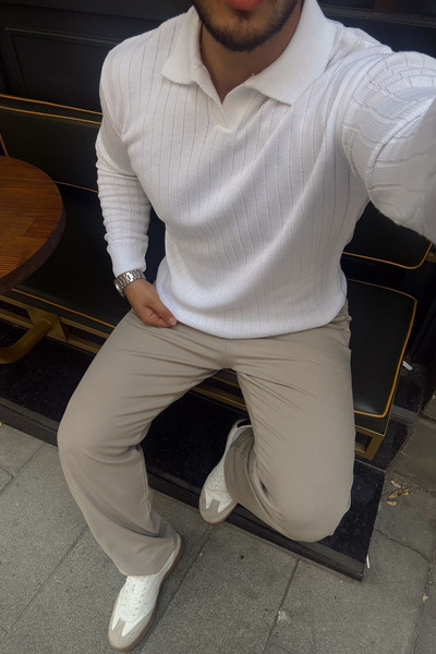 Livio Ferri Kimi Ribbed Men's Knitwear Polo Neck Regular Fit Long Sleeve T-Shirt