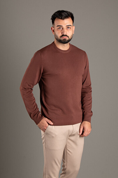 ZEKİ ÖZER Men's Brown Basi̇c O-Neck Knitwear