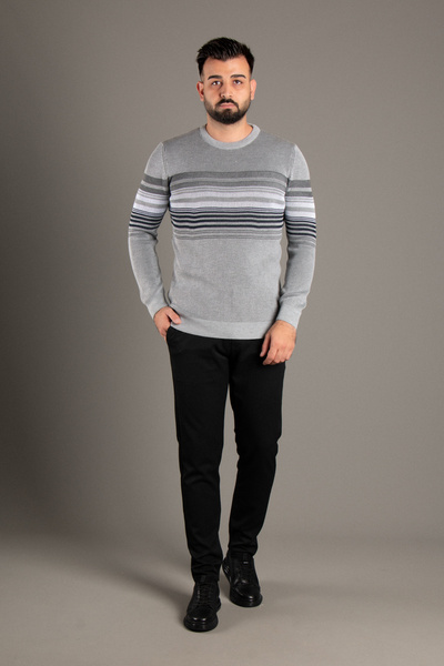 ZEKİ ÖZER Men's Gray Striped Ribbed O-Neck Knitwear