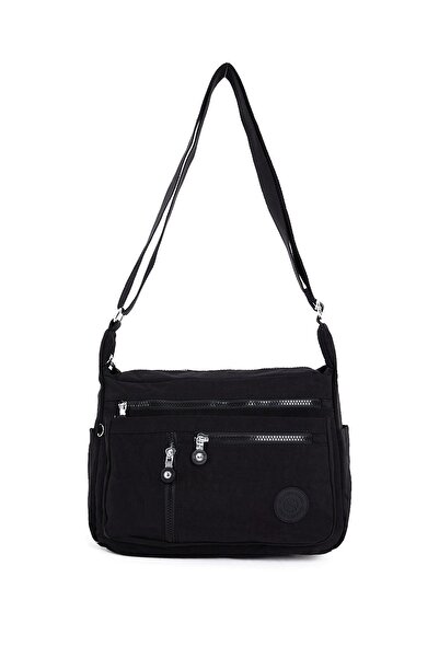 H&D COLLECTİON Women's Medium Size 7 Compartments Water Resistant Crinkle Fabric Black Crossbody Shoulder Bag
