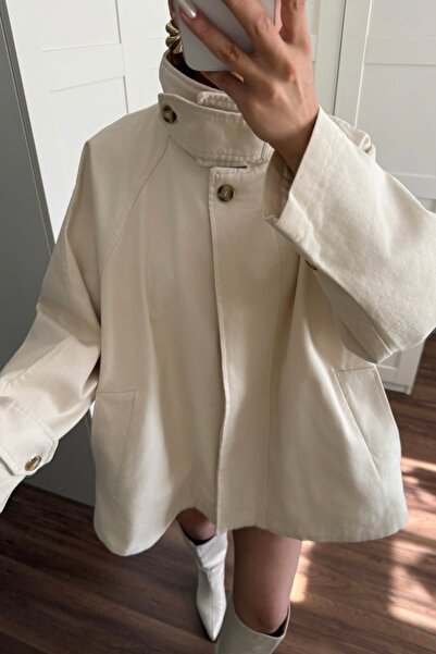 Suziş Stand-Up Collar Gabardine Oversize Trench Coat Cr1403