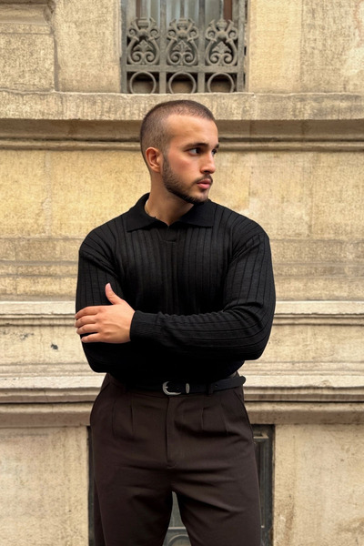 Livio Ferri Kimi Ribbed Men's Knitwear Polo Neck Regular Fit Long Sleeve T-Shirt