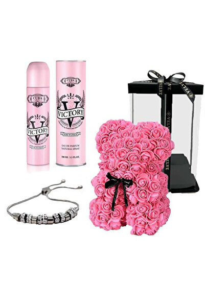 velve Set cadou fete, Ursulet floral roz din spuma 25 cm,Parfum Cuba, Victorya, Femei 100ml,Bratara Pandy