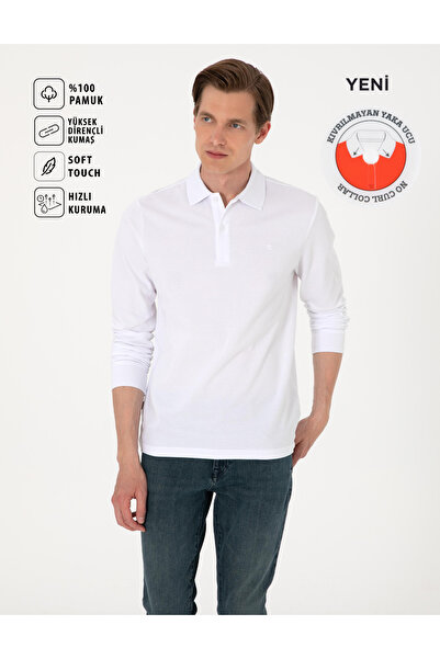 Pierre Cardin White Slim Fit Non-Curling Polo Neck Long Sleeve Sweatshirt