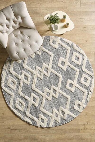 Adalizza Yuvarlak Halı Yumuşak Bukle Tabanlı Modern Kabartmalı 3D INKA Motif ...