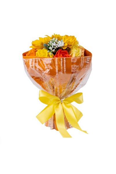 velve Aranjament Floral Buchet din trandafiri de sapun si floarea soarelui, orange-galben, Orange-galben