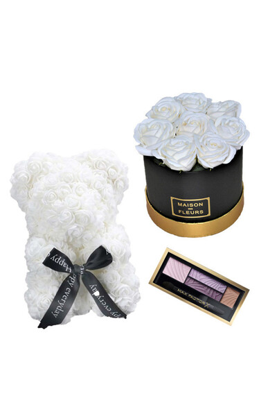 velve Aranjament floral cutie rotunda neagra cu trandafiri albi de sapun, Urs...