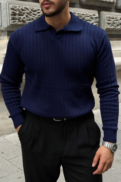 Livio Ferri Kimi Ribbed Men's Knitwear Polo Neck Regular Fit Long Sleeve T-Shirt