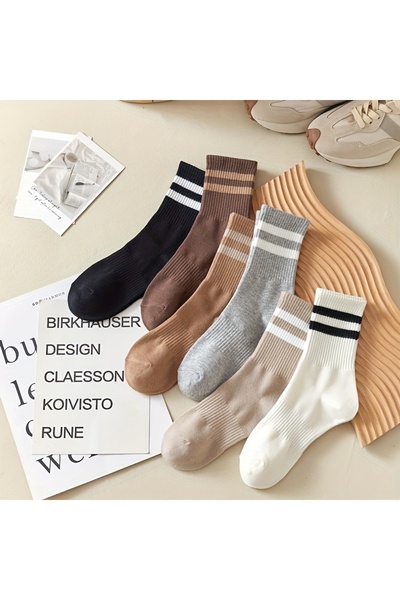 çorapmanya 6 Çift Unisex Kahverengi Desenli Çizgili Kolej - Tenis Çorap
