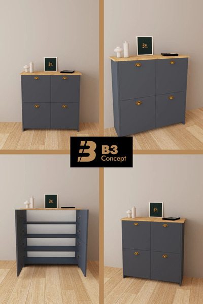 B3 Concept 4 Kapaklı 4 Raflı 1. Kalite Ayakkabılık Kapalı Çok Amaçlı Kapaklı Modern Ayakkabı Dolabı