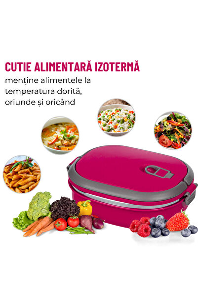 OEM Stainless steel insulated food container with lid and handles, 700ml, Fuchsia