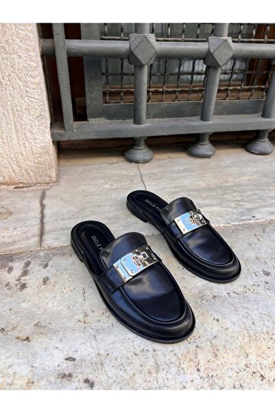 diclepolat Women's Black Metal Buckle Closed Toe Mule Loafer Slippers