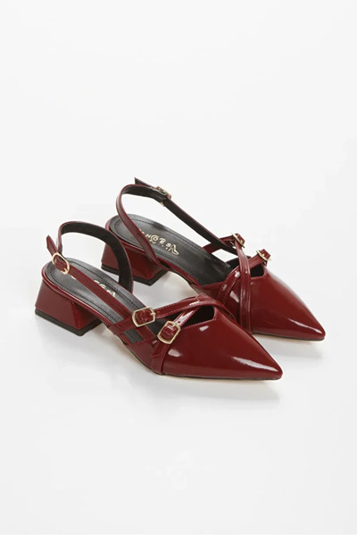 nambert Women's Burgundy Patent Leather Double Buckle 4 cm Heeled Daily Classic Shoes Nbr3042