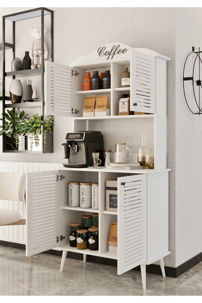 enwood Avior kahve köşesi beyaz MDF kapaklı raflı 90 cm