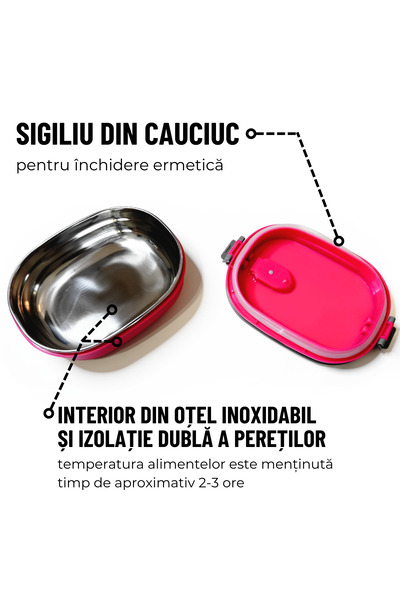 OEM Stainless steel insulated food container with lid and handles, 700ml, Fuchsia