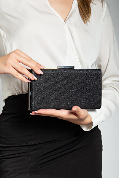 LİLLA Women's Portfolio Box Black Glitter Evening Dress Bag