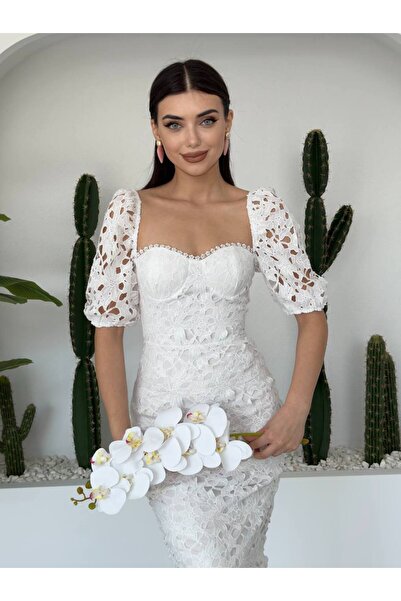 ETİKAFASHION Kadın Beyaz Tasarım Dantel Elbise