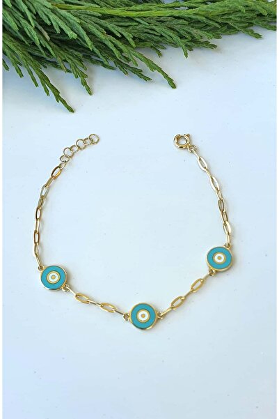 Goldlife jewellery Kız Çocuk Bebek 14 Ayar Altın Turkuaz Renkli Mineli Nazar ...