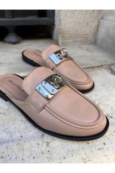 diclepolat Women's Beige Metal Buckle Closed Toe Mule Loafer Slippers