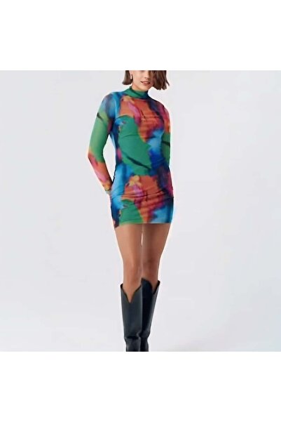 Cream&Rouge Mini Elbise Çok Renkli Tül Detaylı