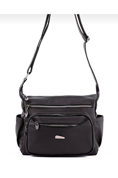 eranora Geantă de umăr Samilon, neagră, din piele spălată, cu mai multe compartimente