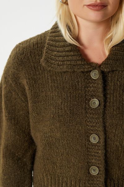 Ritnice Kadın Lean Yumuşak Doku Polo Yaka Haki Basic Triko Hırka HI00179