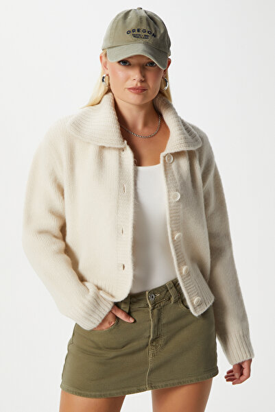 Ritnice Women's Lean Soft Texture Polo Neck Stone Basic Knitwear Cardigan Hi00179