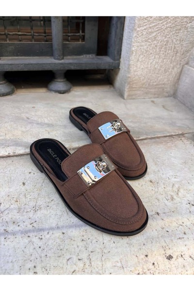 diclepolat Women's Brown Suede Metal Buckle Closed Toe Mule Loafer Slippers