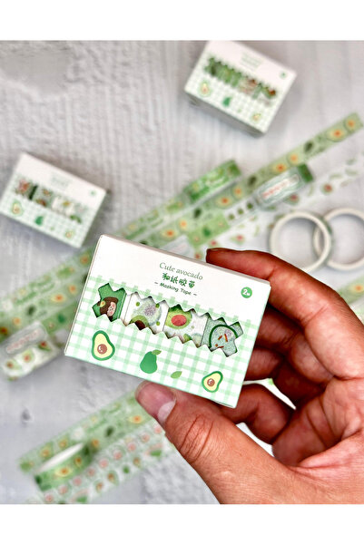 ZeCo Collection Cute Avocado Yeşil Kareli 4'lü Washi Bant Set Washi TapeMaski...
