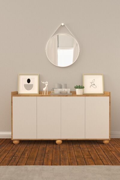 B3 Concept Nort Serisi Özel Tasarım 4 Kapaklı Konsol Çok Amaçlı 1. Kalite Konsol Dolap Safir Meşe Beyaz