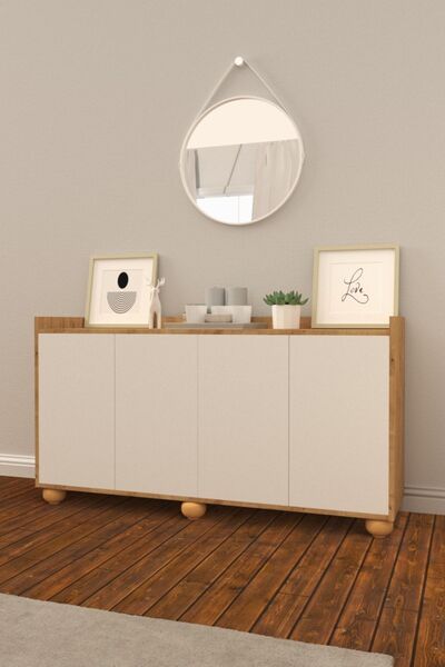 B3 Concept Nort Serisi Özel Tasarım 4 Kapaklı Konsol Çok Amaçlı 1. Kalite Konsol Dolap Safir Meşe Beyaz